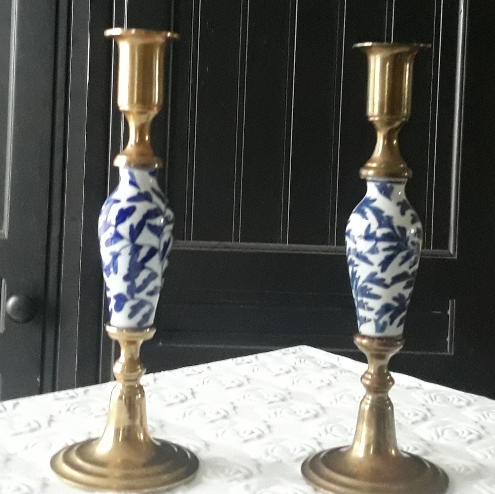 Brass and porcelain candlesticks